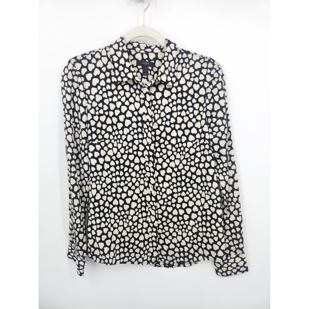 J.Crew Silk Blend Blouse Women 2 Navy Blue Excellent Heart Print Button Down